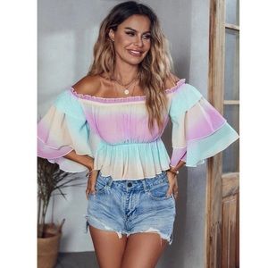 Ombré Ruffle Off Shoulder Frill Trim Top
